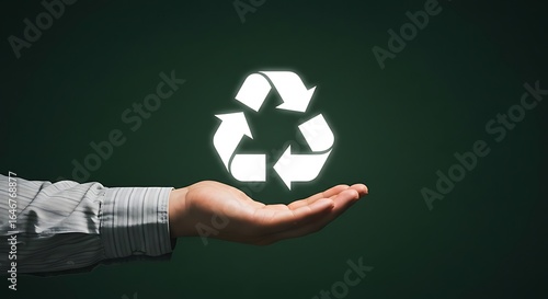 Hand holding a glowing white recycling symbol against a dark background
