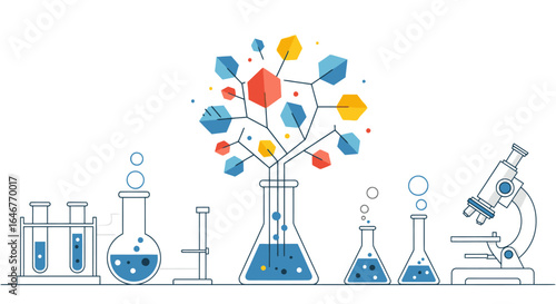 Innovative scientific research and development with colorful molecular structures and lab equipment