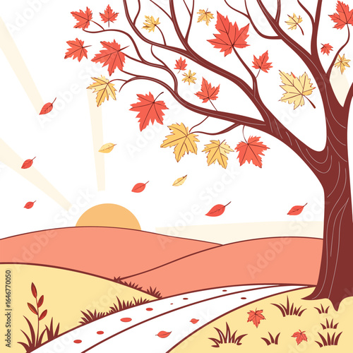 A serene autumn landscape unfolds with a large tree shedding vibrant red and yellow maple leaves onto a winding path under a gentle sun