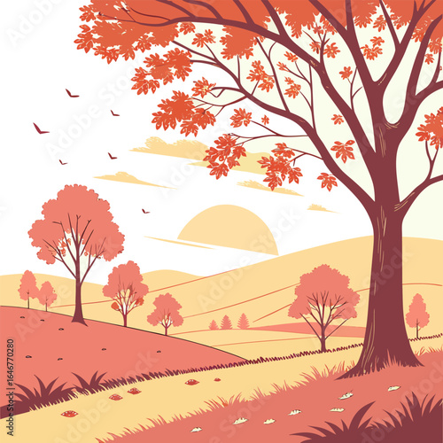 A serene autumn landscape unfolds with rolling hills scattered trees adorned in warm hues and a gentle sun setting behind the horizon creating a peaceful natural scene