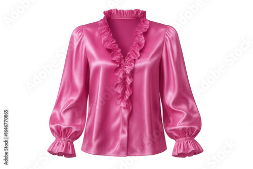 Soft pink silk blouse with delicate ruffled collar and cuffs, showcasing feminine design against transparent backdrop