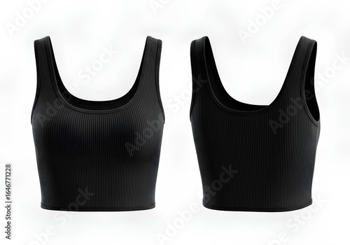 Front and back view of a black women's sleeveless crop top, isolated on a clean white background for mockup.