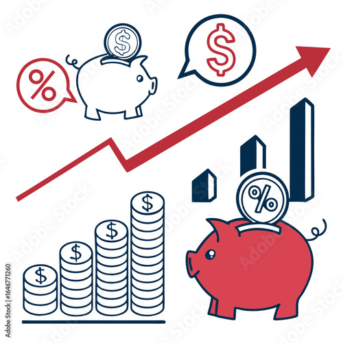 Financial growth and savings concept with piggy banks coins and upward trend graph illustrating investment success and profitability