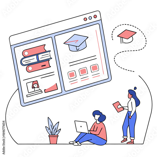 Online learning experience students engage with digital educational content on a website featuring books a graduation cap and progress charts