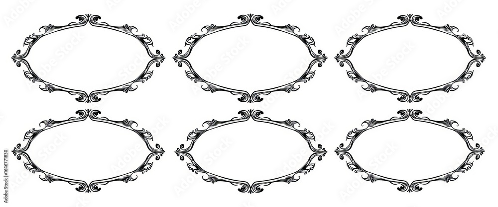 Obraz premium Six blank oval badges with ornate borders, black & white, arranged symmetrically on white background, symmetrical, illustration