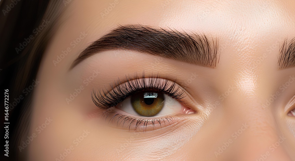 Obraz premium Close-up of a woman's face, showcasing well-groomed eyebrows and eyes with applied false lashes.