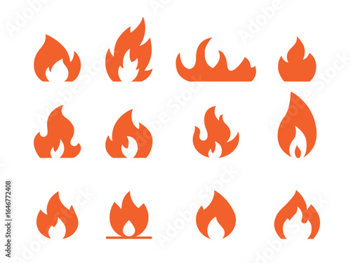 Fire icons set. Сollection of vector symbols featuring flame, bonfire, fireplace, candle, match, lighter, torch, spark, smoke, and safety signs. Ideal for apps, web, UI, infographics, and print