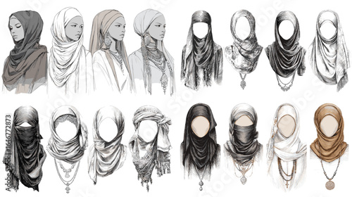 Elegant hijab fashion illustration set with detailed fabric folds, jewelry, and modest styles in neutral tones. Modern Muslim women headscarf collection for design and branding.