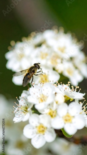 A hoverfly feeding on delicate white blossoms