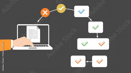 Document Review and Quality Control Process Concept. Person using laptop with document and checkmark icons representing review, validation, approval, verification, auditing, compliance, and workflow.