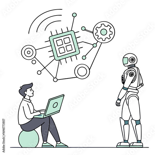 Man with laptop interacting with ai robot and central processing unit network illustrating technological advancement and automation