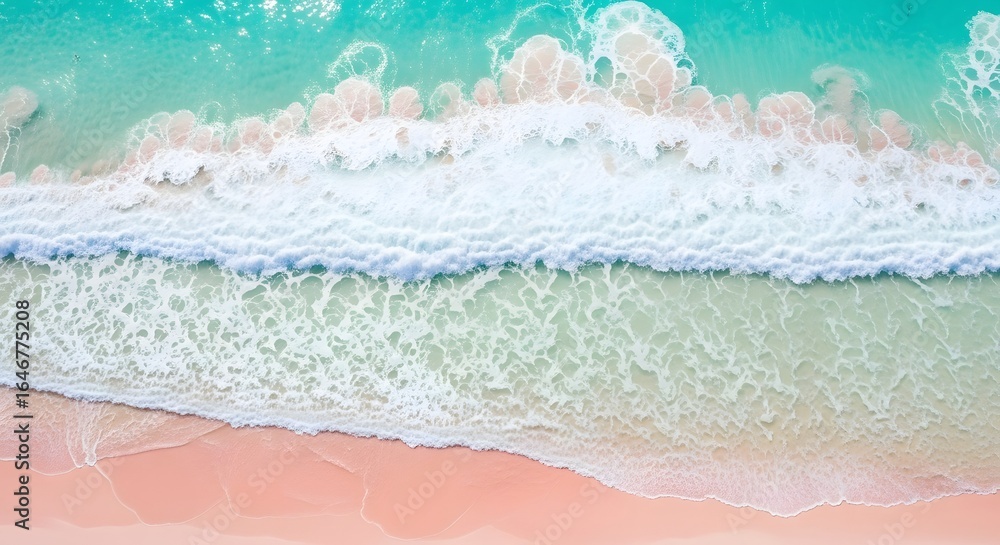 Obraz premium Stunning Aerial View of a Pink Sand Beach with Foaming Turquoise Ocean Waves, Evoking Tropical Paradise and Tranquility.