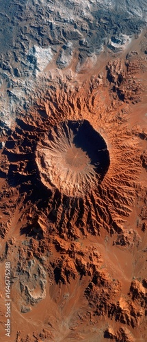 Aerial view of a vast crater, textured landscape