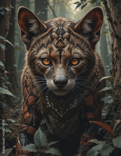 Majestic Fantasy Cat in Forest Setting Mystical Creature with Tribal Adornments