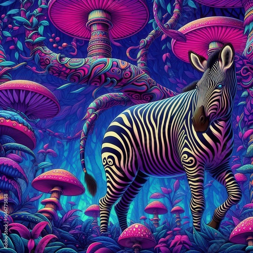 Psychedelic Zebra in Vibrant Enchanted Forest with Glowing MushroomsDigital Art