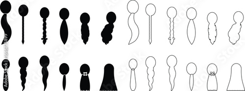 Black hairstyle icon set, hair silhouette collection, braid and ponytail vector group, haircut and fashion symbol bundle, female hair pictogram pack in flat and line style for beauty and salon design