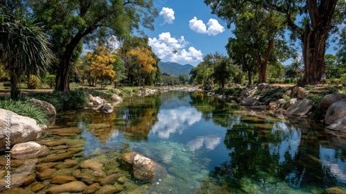 Calm river reflecting clouds and trees