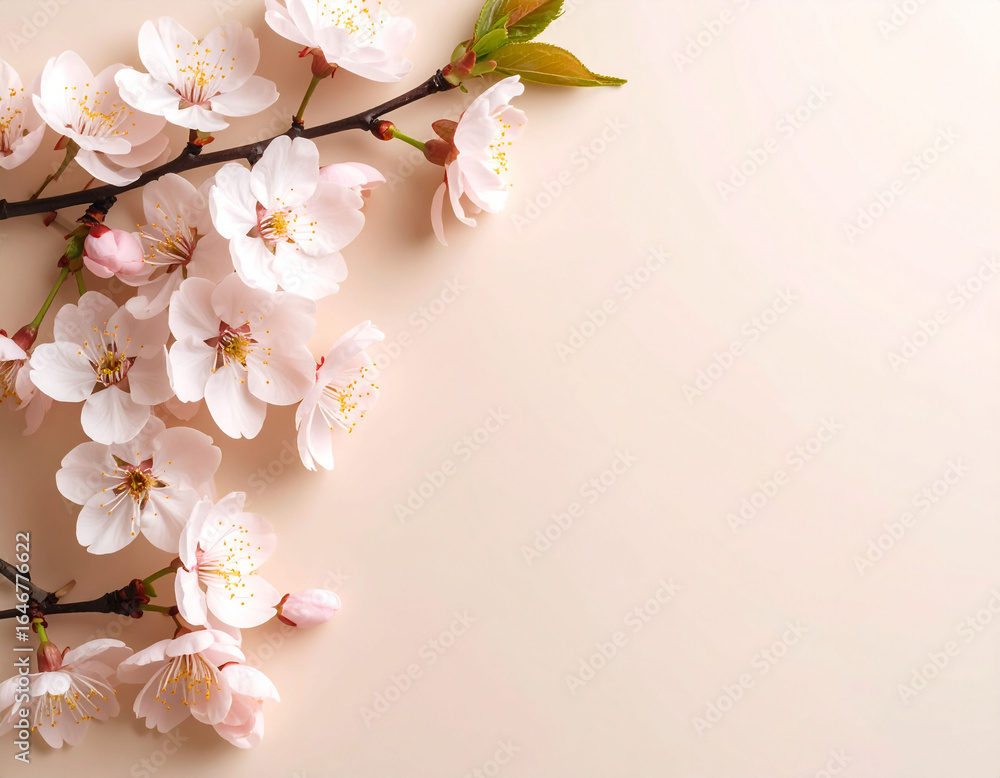 Obraz premium Delicate branches of light pink cherry blossoms, some in full bloom and others as closed buds, are arranged on a soft beige background. A fallen petal rests gently near the center, creating a peaceful