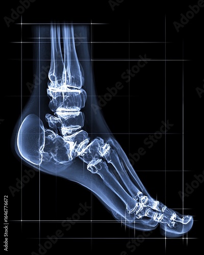 A medical X-ray of a human foot and ankle, showing the detailed skeletal anatomy for orthopedic diagnosis.