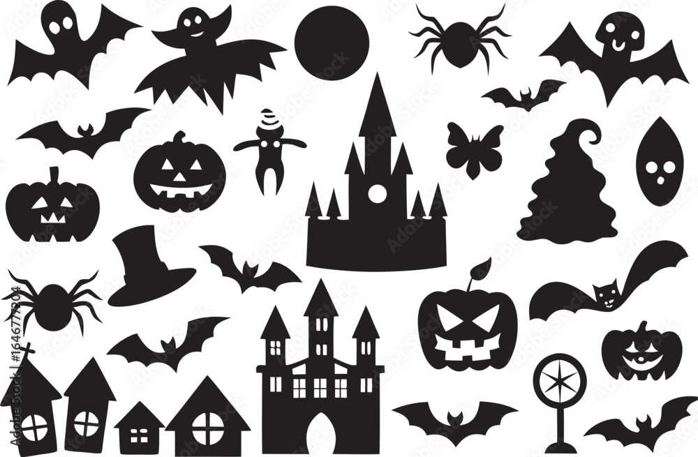 Fototapeta premium Halloween Silhouette Collection Bats Pumpkins Ghosts Spiders and Haunted Houses