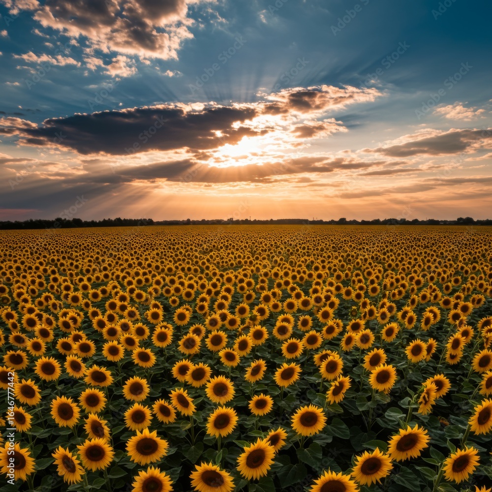 Fototapeta premium Vibrant Yellow Sunflower Field at Sunset