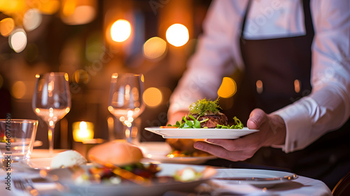 Waiter Serving gourmet dish in fine dining restaurant