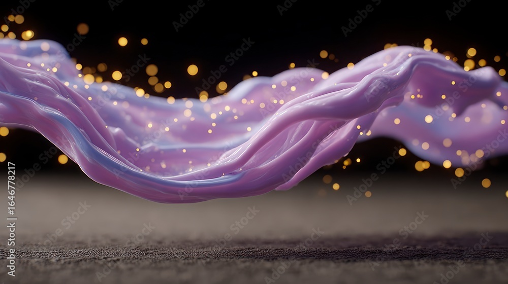 Naklejka premium Flowing purple fabric illuminated by golden bokeh lights waves abstract