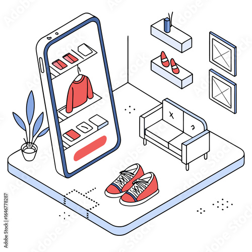 Isometric illustration of a smartphone displaying an online clothing store with a sweater and shoes alongside a couch and shelves