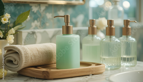 pastel washroom accessories  oak soap dispenser, pastel green toothbrush holder