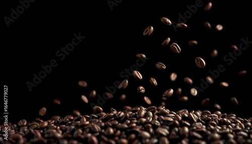 Dark background, coffee beans suspended mid-air, dynamic motion,  aroma,  design