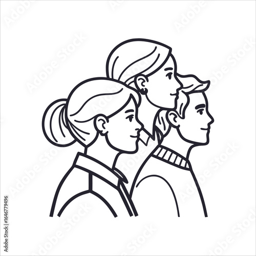 A line drawing of a family group featuring mother father and daughter looking forward with smiles on their faces