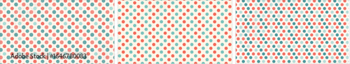 A playful and contemporary seamless vector pattern of abstract, irregular polka dots in a vibrant coral and turquoise, set on a light beige background.