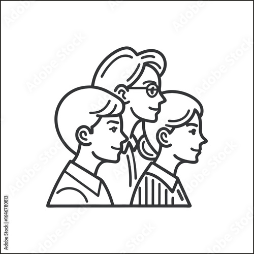 A line drawing featuring a woman with glasses and two children looking to the right in profile view design