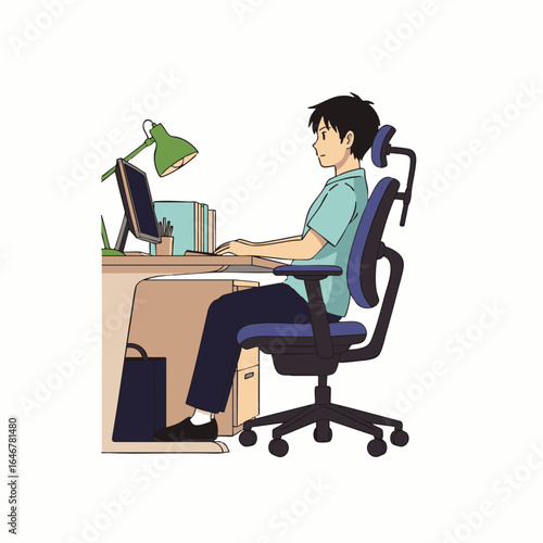 An illustration shows a person maintaining excellent ergonomic posture while working at a computer desk, highlighting healthy habits for comfort and productivity.