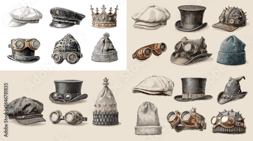 Set of steampunk and vintage hats illustration including crown, top hat, cap, goggles, and beanie. Retro headwear collection for fashion, cosplay, and design projects.