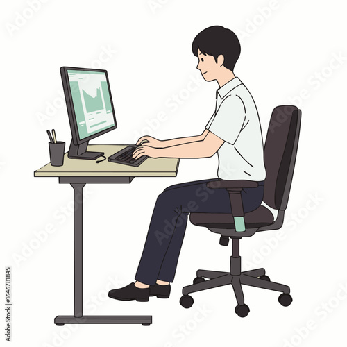 A young man with dark hair sits comfortably at his desk, diligently typing on a computer keyboard while viewing a screen displaying data.