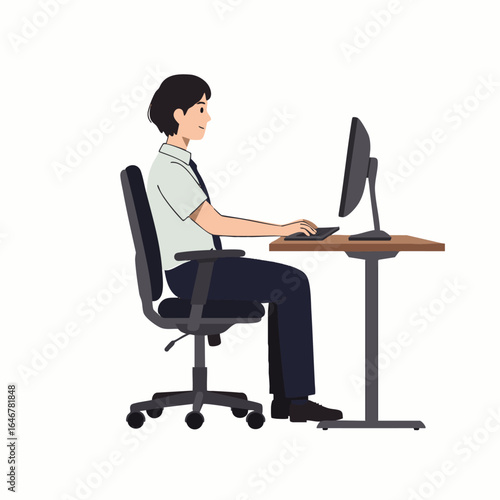 A young man sits comfortably at his desk, diligently typing on a computer keyboard, demonstrating proper ergonomic posture in a professional office setting.