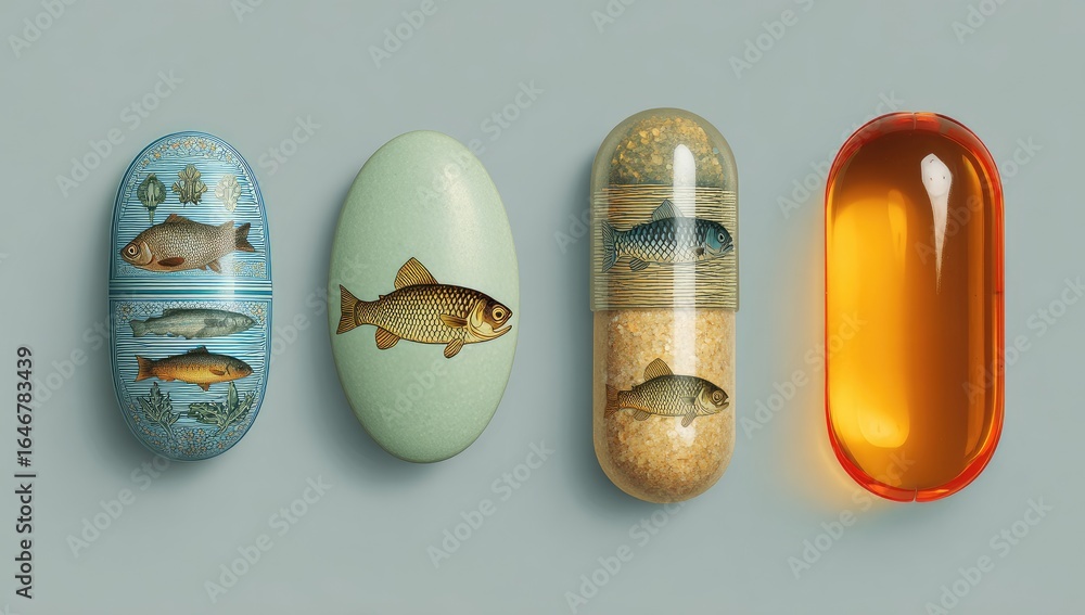 Fototapeta premium Four capsules, each featuring a different fish design, arranged horizontally. Pastel-toned pill-like shapes, with various fish illustrations, are placed against a neutral backdrop