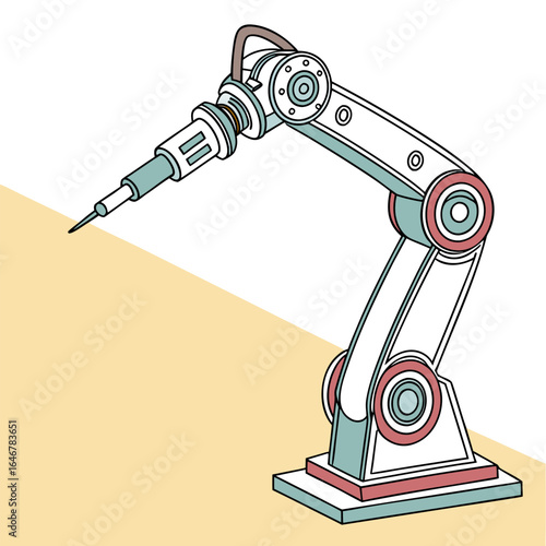 A stylized illustration of a robotic arm with a pointed end effector showcasing its articulated joints and industrial design against a simple background
