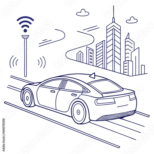 A modern autonomous vehicle navigates a city street receiving wireless signals from a nearby tower symbolizing connectivity and future transportation