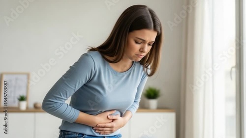 Woman Experiencing Stomach Pain, Holding Abdomen, Feeling Unwell.