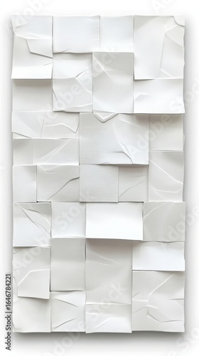 A conceptual 3d photography of a texture made of white crumpled paper squares, suitable for websites or blogs on art, abstract design, or backgrounds.

