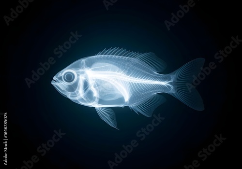 X ray of fish reveals internal skeletal structure against dark background. Fish x ray allows detailed observation of the bone system.