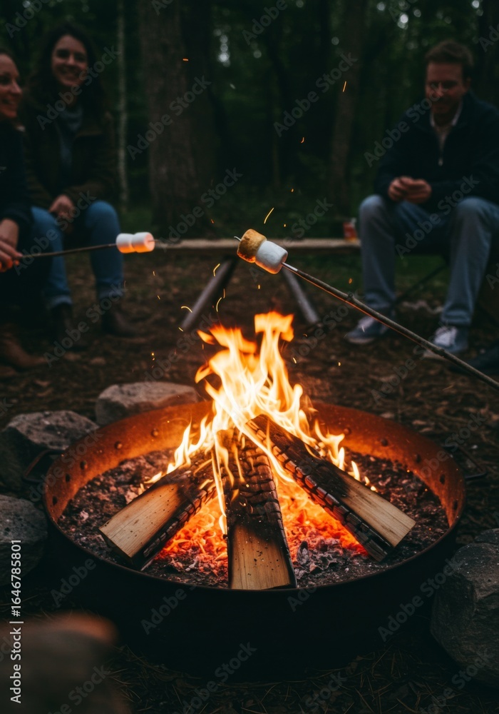 Fototapeta premium Friends Roasting Marshmallows Around Campfire at Night