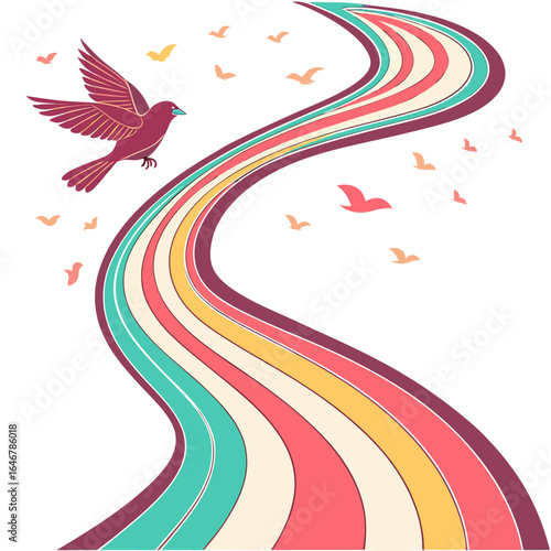 A solitary bird soars gracefully above a vibrant winding path composed of colorful flowing stripes accompanied by a flock of smaller birds