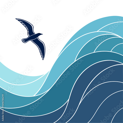 A solitary dark blue seagull soars gracefully above stylized layered waves of varying shades of blue and white