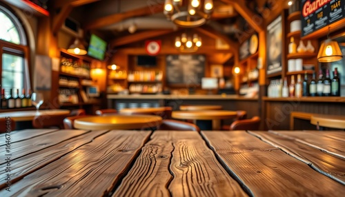 Wallpaper Mural Rustic wooden table, blurred pub background, ideal product display, pub, quality Torontodigital.ca