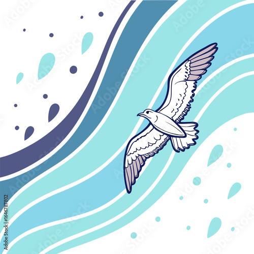 A stylized seagull gracefully soars through abstract waves and water droplets evoking a sense of freedom and the ocean s dynamic beauty