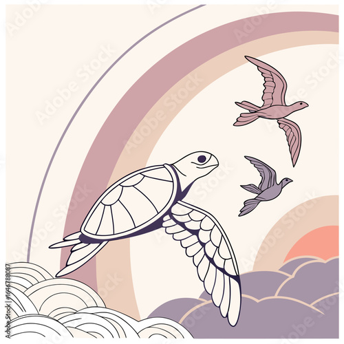 Whimsical illustration of a sea turtle and two birds flying gracefully under a pastel rainbow with stylized clouds and waves