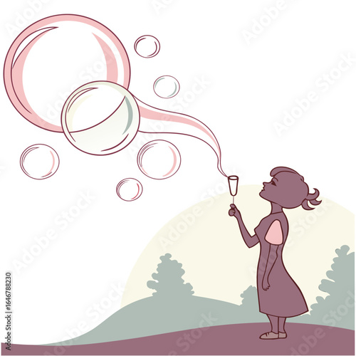 A young girl in a purple dress blows a stream of colorful bubbles into the air on a serene stylized landscape background